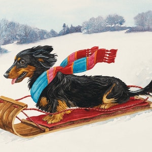 Dachshund, Dachshund Watercolor, Wooden Sled, Watercolor Landscape, Dog Watercolor, Winter Landscape, Dachshund Gift, Dog Art,Dog Lover Gift image 1