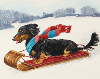 Dachshund, Dachshund Watercolor, Wooden Sled, Watercolor Landscape, Dog Watercolor, Winter Landscape, Dachshund Gift, Dog Art,Dog Lover Gift