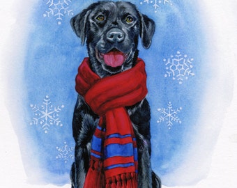 Labrador negro, invierno, Navidad, arte canino, regalo de labrador negro, acuarela, impresión artística
