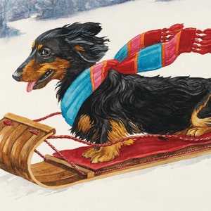 Dachshund, Dachshund Watercolor, Wooden Sled, Watercolor Landscape, Dog Watercolor, Winter Landscape, Dachshund Gift, Dog Art,Dog Lover Gift image 2