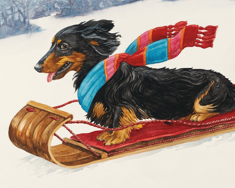 Dachshund, Dachshund Watercolor, Wooden Sled, Watercolor Landscape, Dog Watercolor, Winter Landscape, Dachshund Gift, Dog Art,Dog Lover Gift image 2