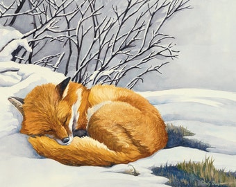 Aquarelle, renard Wall Art, renard, paysage d’hiver, impression d’Art renard, paysage de neige, renard aquarelle, animaux des bois