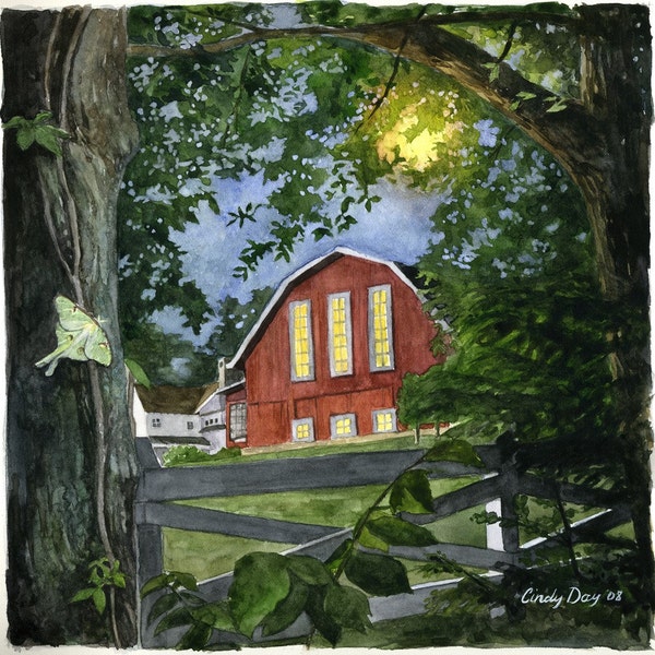 Horse Barn, Watercolor, Landscape, with, Luna Moth, and, Moonlight, Summer, Art, Print, Wall Art, Home Decor, "Summer Moon"