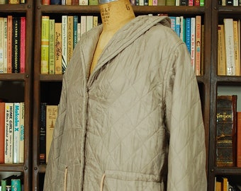 Vintage 90s Oversized Beige Silk Quilted Hoodie Puffy Puffer Urban Grunge Millenial Minimalist Parka Jacket Coat Large