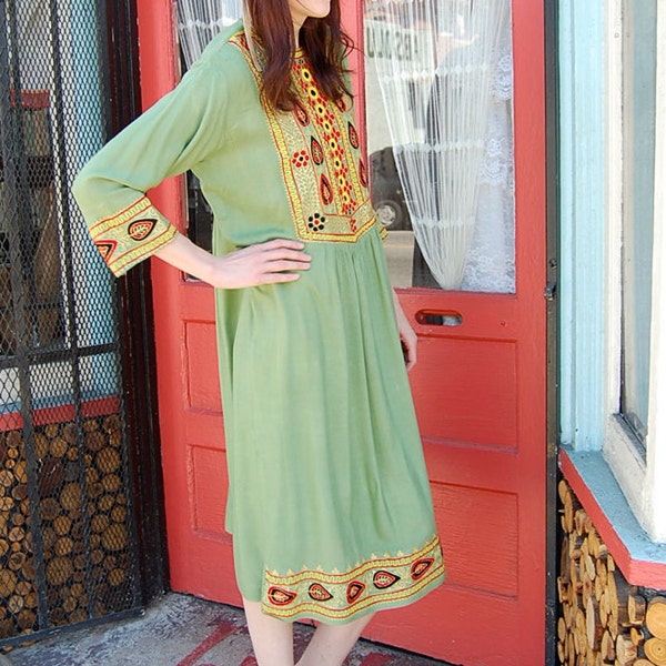 RESERVED For Laury94 Vintage 70s Sage Green Moroccan Ethnic Embroidered Caftan Dress