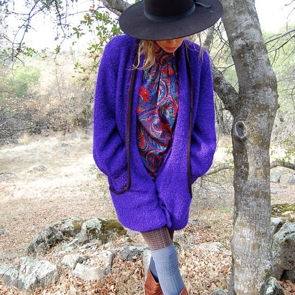 Suéter chaqueta Vintage 80s morado y negro grueso Boucle' tejer suéter Boho abrigo (SML)