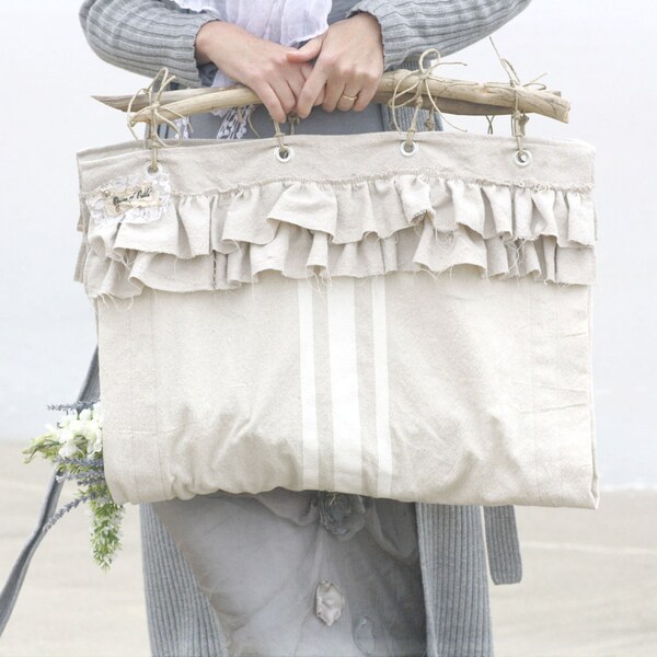 sea flower gatherer - a faux grain sack cloth whimsy tote