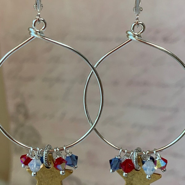 4th of July Earrings, Red, White, Blue  Earrings! Silver Hoops, Gold Stars and Swarovski Crystals, Patriotic Earrings