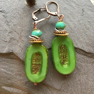 Bright Green Rustic Pressed Czech Glass Drop Earrings with Stacked Spacers Aqua Faceted Czech glass and Copper Lever Back image 1
