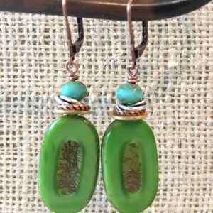 Bright Green Rustic Pressed Czech Glass Drop Earrings with Stacked Spacers Aqua Faceted Czech glass and Copper Lever Back image 7