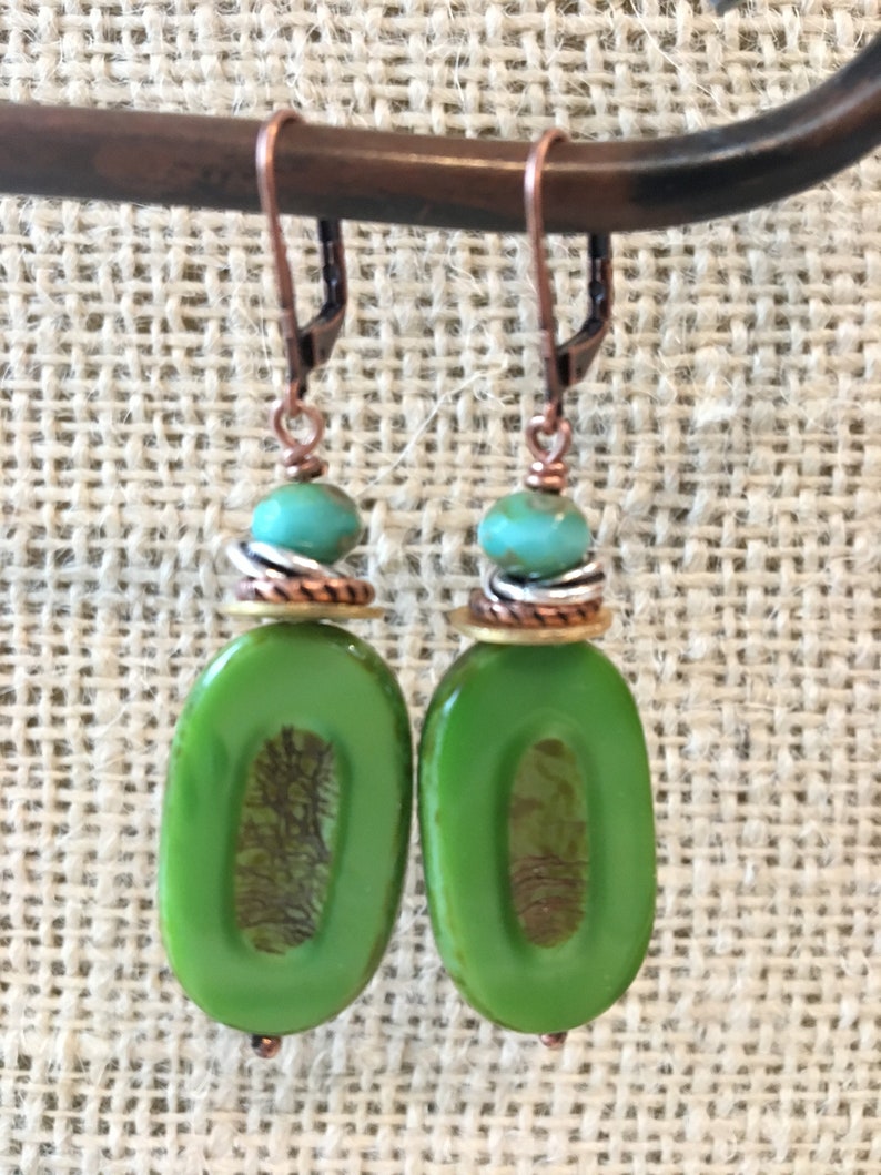 Bright Green Rustic Pressed Czech Glass Drop Earrings with Stacked Spacers Aqua Faceted Czech glass and Copper Lever Back image 7