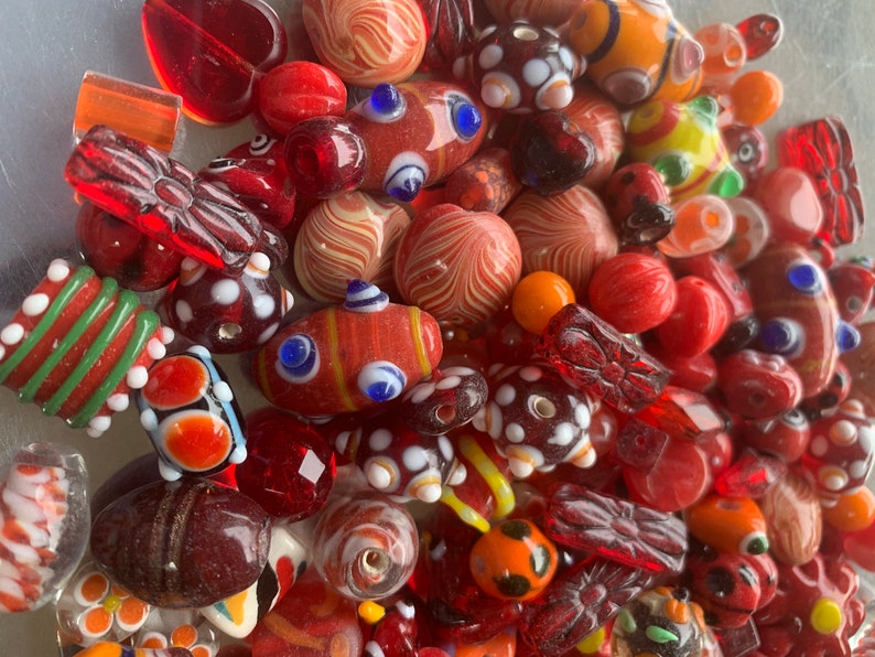 Half Pound Mix of Red and Orange Glass Beads Loose Red and Orange Beads Lot # 2 Beads for making Jewelry and Crafts.