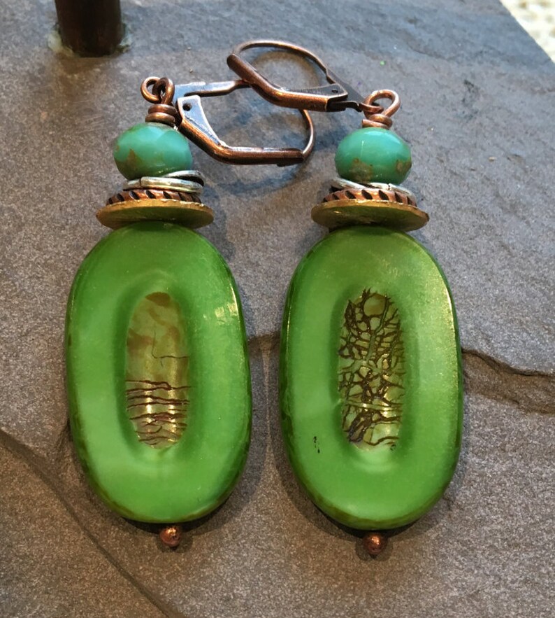 Bright Green Rustic Pressed Czech Glass Drop Earrings with Stacked Spacers Aqua Faceted Czech glass and Copper Lever Back image 2