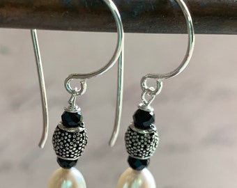 Freshwater Pearl Drop Earrings with Sterling and Black Stone Accents, Small Oval Pearl Drop Earrings, Simple Pearl Earrings