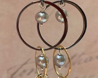 Triple Loop Earrings with Small Gray Freshwater Pearls, Metal Mixing Earrings, Elegant Earrings, Long Drop Earrings