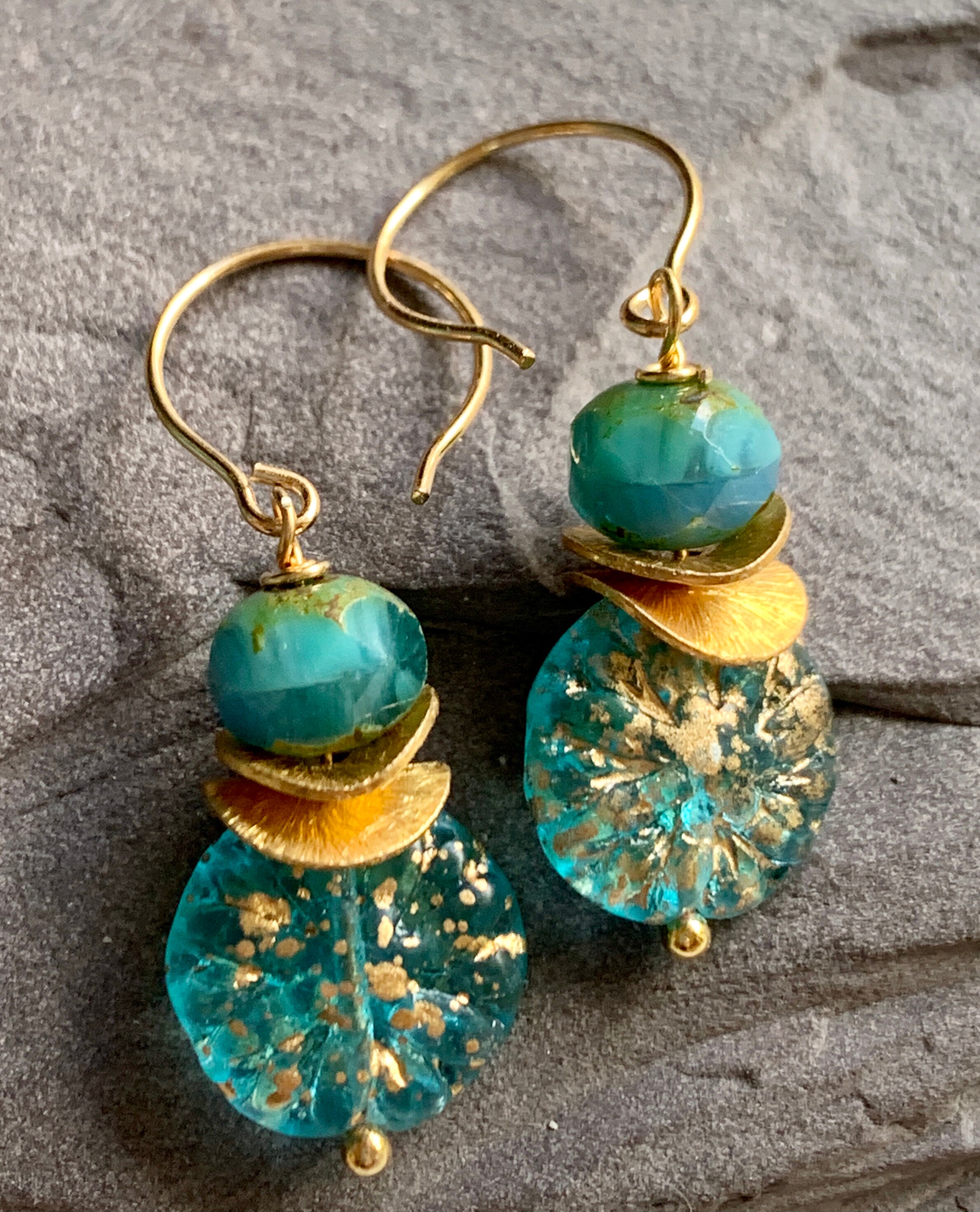 Beautiful Czech Glass Teal Blue and Gold Earrings, Bright and Cheerful — free download