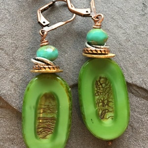 Bright Green Rustic Pressed Czech Glass Drop Earrings with Stacked Spacers Aqua Faceted Czech glass and Copper Lever Back image 4