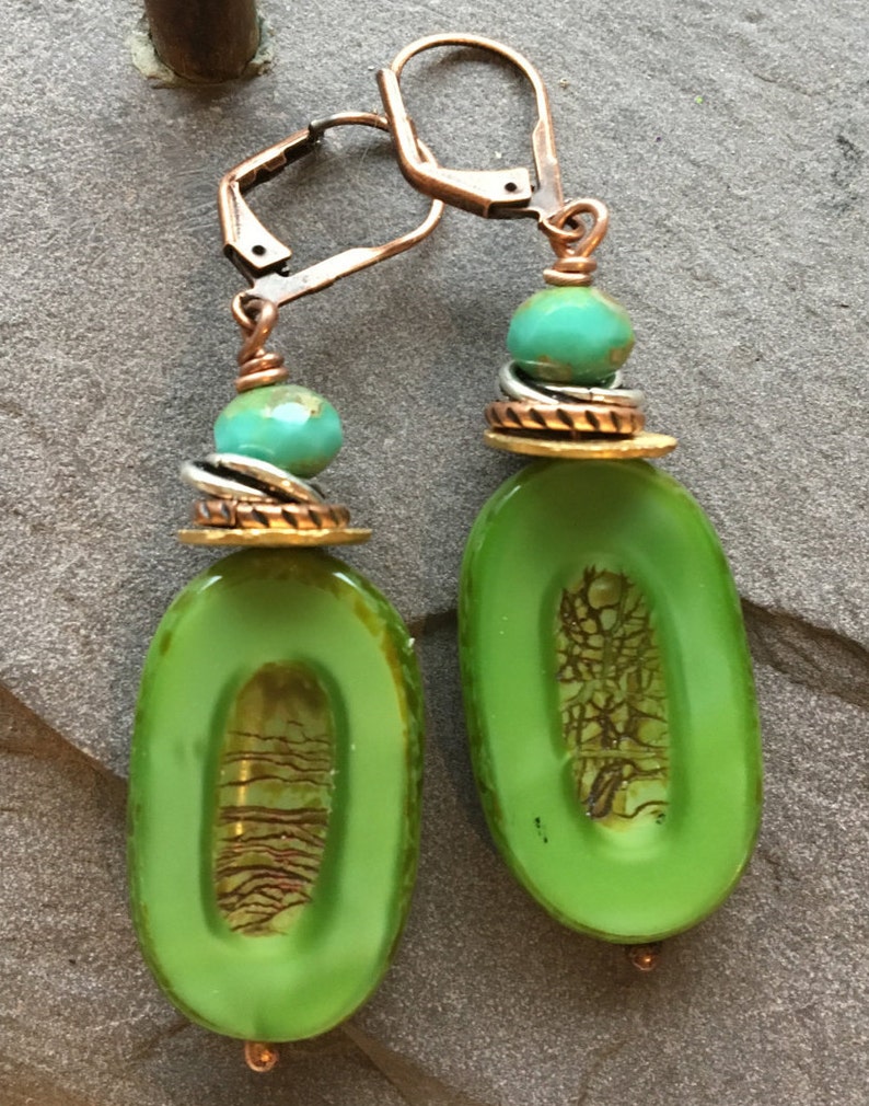 Bright Green Rustic Pressed Czech Glass Drop Earrings with Stacked Spacers Aqua Faceted Czech glass and Copper Lever Back image 4