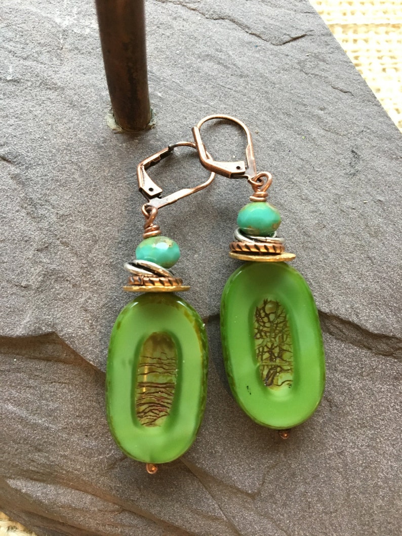 Bright Green Rustic Pressed Czech Glass Drop Earrings with Stacked Spacers Aqua Faceted Czech glass and Copper Lever Back image 1