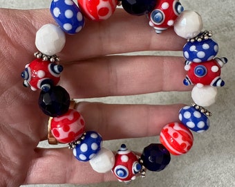 Colorful Red, White and Blue Stretchy Bracelet, 4th of July Bracelet, Patriotic Bracelet