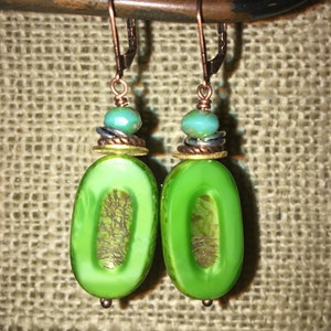 Bright Green Rustic Pressed Czech Glass Drop Earrings with Stacked Spacers Aqua Faceted Czech glass and Copper Lever Back image 6