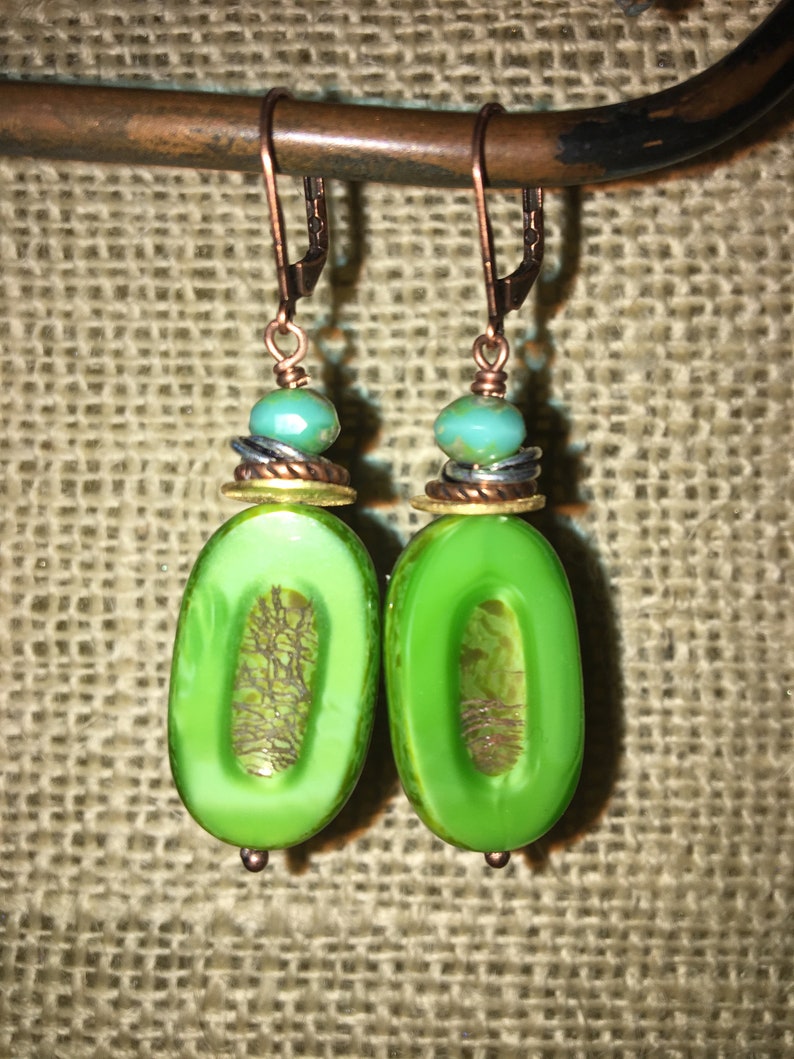 Bright Green Rustic Pressed Czech Glass Drop Earrings with Stacked Spacers Aqua Faceted Czech glass and Copper Lever Back image 6