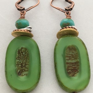 Bright Green Rustic Pressed Czech Glass Drop Earrings with Stacked Spacers Aqua Faceted Czech glass and Copper Lever Back image 5