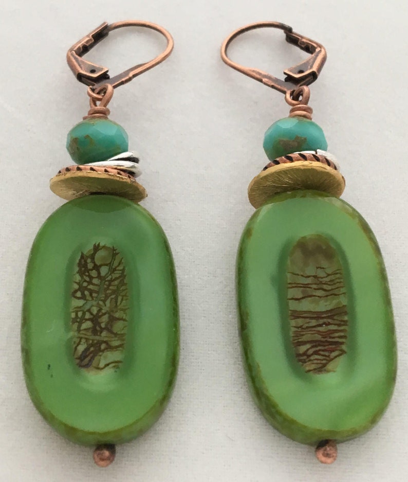 Bright Green Rustic Pressed Czech Glass Drop Earrings with Stacked Spacers Aqua Faceted Czech glass and Copper Lever Back image 5