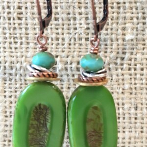 Bright Green Rustic Pressed Czech Glass Drop Earrings with Stacked Spacers Aqua Faceted Czech glass and Copper Lever Back image 3