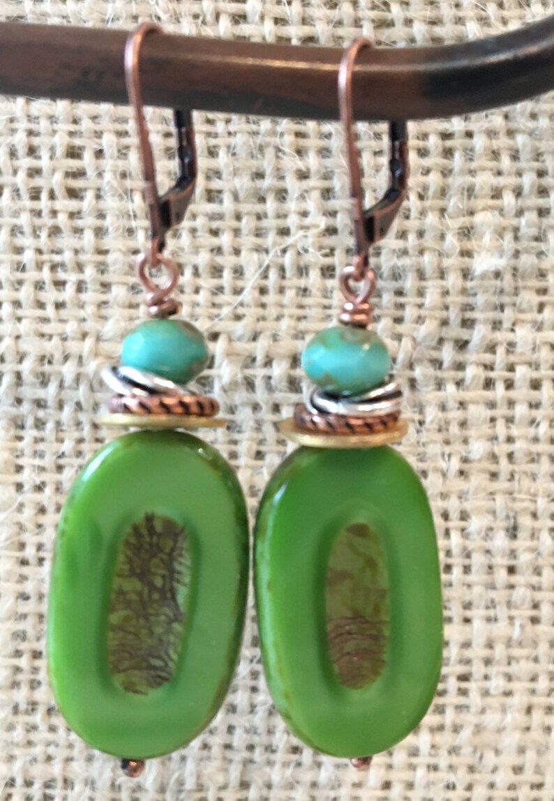 Bright Green Rustic Pressed Czech Glass Drop Earrings with Stacked Spacers Aqua Faceted Czech glass and Copper Lever Back image 3