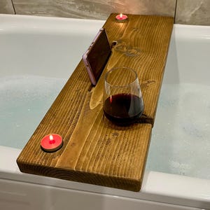 Rustic Wooden Bath Tray – Handmade Bath Caddy with Wine Glass, Tablet/Phone and Candle holders