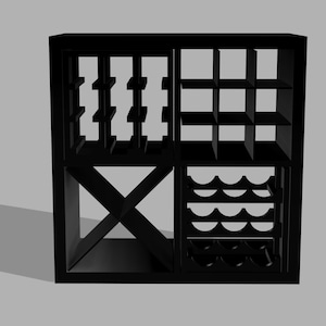 May include: A black wooden wine rack with four distinct storage sections. One section features vertical slots, another has square compartments, a third has an X-shaped design, and the last has curved bottle holders. The rack is designed to hold multiple bottles.