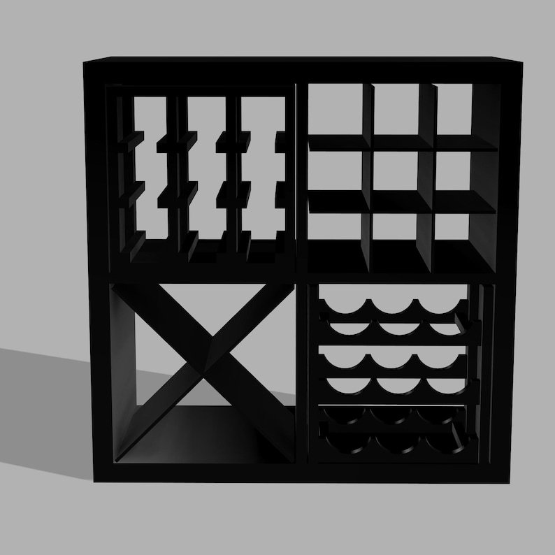 May include: A black wooden wine rack with four distinct storage sections. One section features vertical slots, another has square compartments, a third has an X-shaped design, and the last has curved bottle holders. The rack is designed to hold multiple bottles.