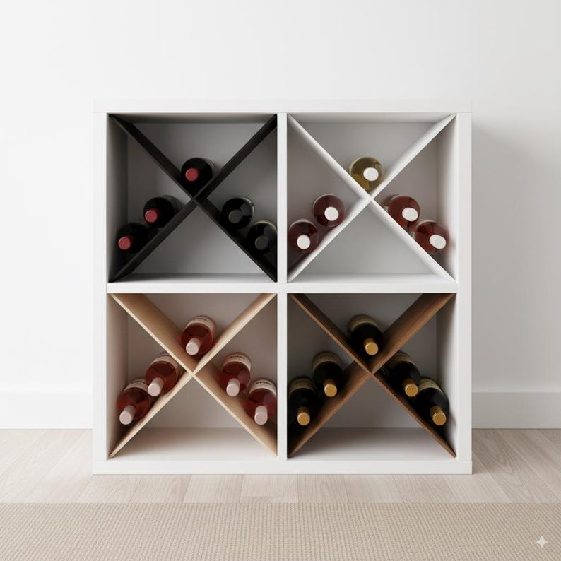 May include: A white square wine rack with four compartments, each holding wine bottles. The rack has a modern design with diagonal supports. Some compartments are black, white, and natural wood-toned.