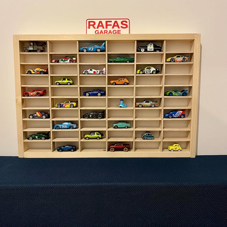 Wooden Hot Wheels Display Case: 60 Car Storage - Kids & Collectors and 3D Signs Shelf with Flat Sign