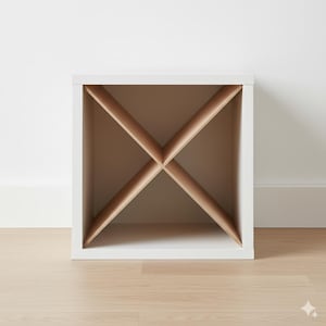 May include: A white, square wine rack with an X-shaped wooden interior. The rack is designed to hold wine bottles and is made of wood and painted white. The rack is sitting on a light-colored wooden floor.