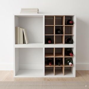 May include: A white, two-tiered wine rack with a grid-like design for bottle storage. The rack has a section for books and a section for wine bottles. Some bottles are visible, with red and green labels.