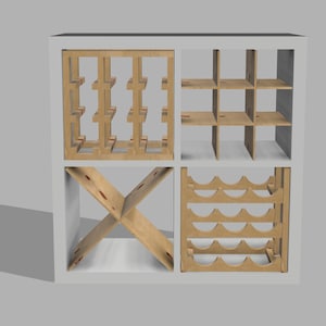 May include: A white cube wine rack with four compartments. Each compartment has a different design: a grid, shelves, an X-shaped holder, and a scalloped rack. The wine rack is made of light-coloured wood.