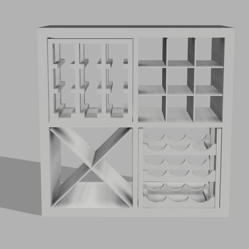 May include: A white wooden wine rack with four distinct storage sections. One section features a grid for wine bottle storage, another has a crisscross design, and two sections have shelves and curved bottle holders. The rack is designed to hold multiple bottles.