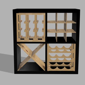 May include: A black cube wine rack with four distinct storage sections. Two sections feature wooden wine bottle holders, one with an X-shaped design, and the other with a grid of shelves. The rack is designed to hold multiple bottles.