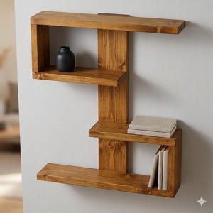 Peut inclure: Étagère murale en bois au design géométrique unique. L'étagère est teinte en brun chaud et comporte trois plateformes décalées. Un petit vase noir et une pile de livres sont exposés. L'étagère est fixée à un mur gris clair.