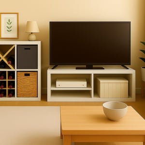 May include: A modern living room setup featuring a large flat-screen TV on a white entertainment center. A white wine rack, a woven basket, and a beige rug are also visible. A wooden coffee table holds a white bowl.