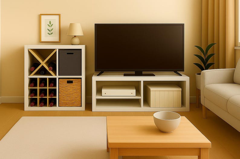 May include: A modern living room setup featuring a large flat-screen TV on a white entertainment center. A white wine rack, a woven basket, and a beige rug are also visible. A wooden coffee table holds a white bowl.