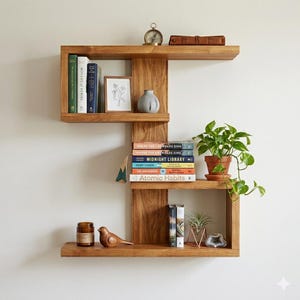 Peut inclure: Étagère murale en bois à plusieurs niveaux, présentant des livres, une petite horloge, un cadre photo, un vase en céramique, une plante en pot et des objets décoratifs. L'étagère est en bois brun clair.