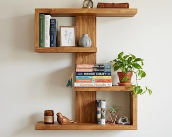 Wooden Floating Shelf | Double C Modern Rustic Decor, Geometric Wall Mounted Shelf
