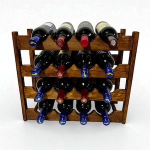 May include: A wooden wine rack with a dark stain, holding twelve bottles of red wine. The bottles are arranged in three rows of four, with alternating blue and red bottle caps. The rack has a simple, geometric design.