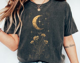 Boho Moon Flower Shirt, Celestial Graphic Tee, Vintage Witchy T-Shirt, Moon Phase Floral Shirt, Spiritual Tee, Cozy Boho Sweatshirt