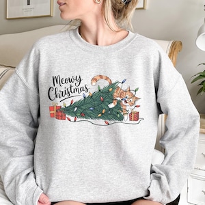 Funny Cat Christmas Sweatshirt,Meowy Christmas Tree Shirt,Cat Lover Christmas Shirt,Funny Christmas Cat Mom Sweater,Catmas Gift for New Year