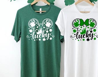 Camiseta del día de San Patricio de Disney Mickey Minnie, camiseta del día de San Patricio del castillo de Disney, camiseta de Mickey y Minnie de la suerte, camiseta familiar de Disneyland