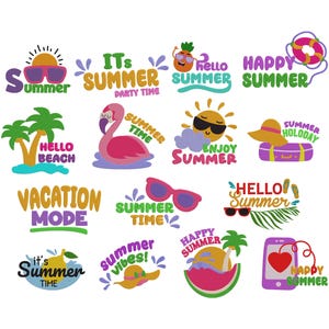 Puede incluir: Una colección de gráficos coloridos con temática de verano. Los diseños incluyen gafas de sol, una piña, un flamenco, un sol, una maleta, una sandía y un teléfono inteligente. El texto incluye "Summer", "Hello Summer", "Happy Summer", "Vacation Mode" y "Summer Vibes!"